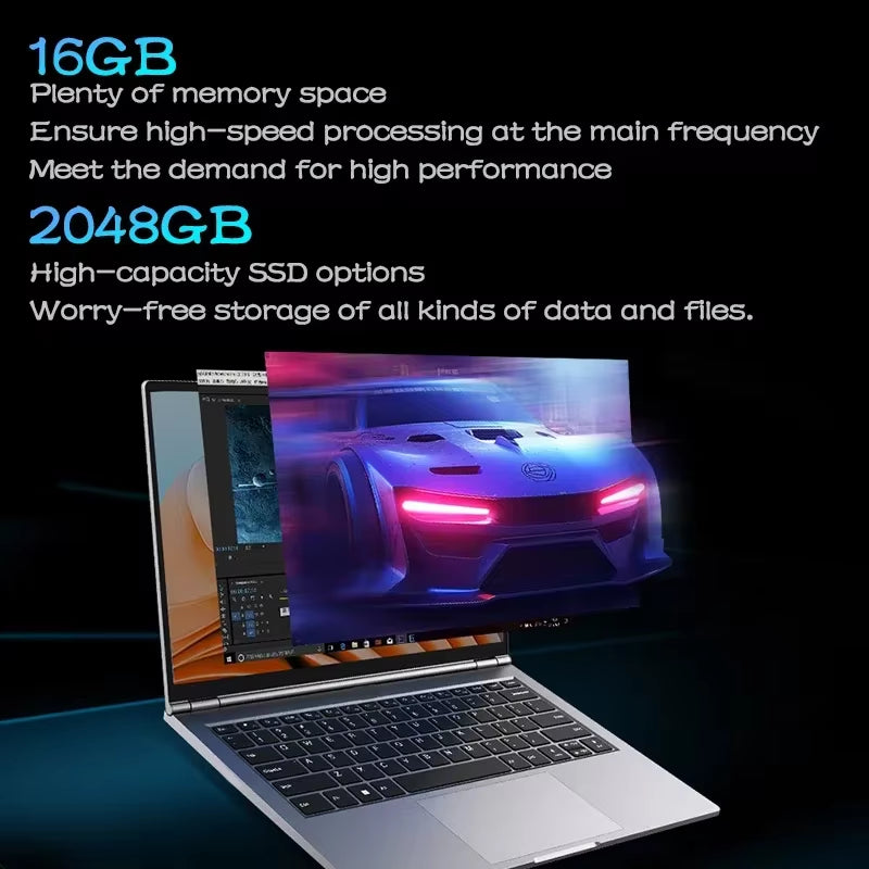 NEW 14.1 Inch Laptop Intel N3700 16GB RAM+1024GB ROM Narrow Bezel Screen PC Windows 11 Office Entertainment Lightweight Laptop
