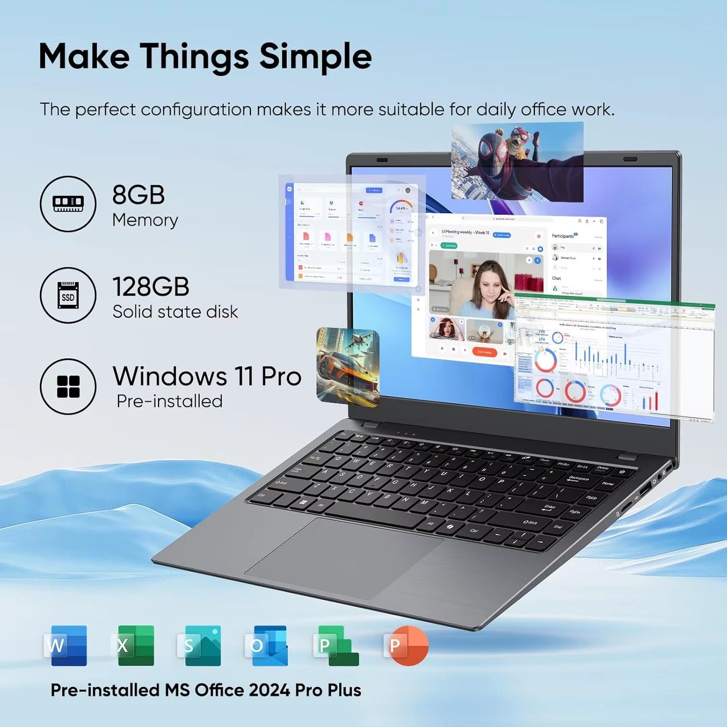 14.1" Windows 11 Pro Laptop Computer 32GB RAM 1024GB SSD, HDMI, Dual Band Wifi, BT5.0 Light and Thin PC for Work, School Student