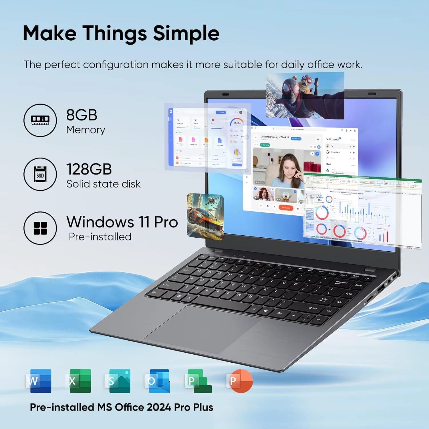 14.1" Windows 11 Pro Laptop Computer 32GB RAM 1024GB SSD, HDMI, Dual Band Wifi, BT5.0 Light and Thin PC for Work, School Student